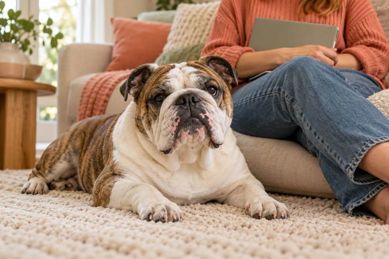 Brindle-and-white dog resting on a rug beside its seated owner